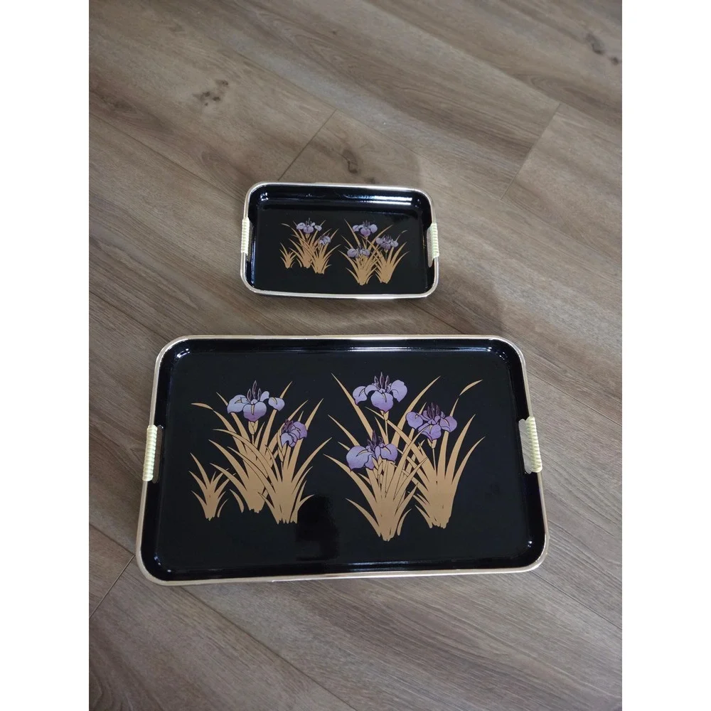 Vintage Japanese Lacquerware Tray Set Black Gold Purple Iris Floral 2 Pieces